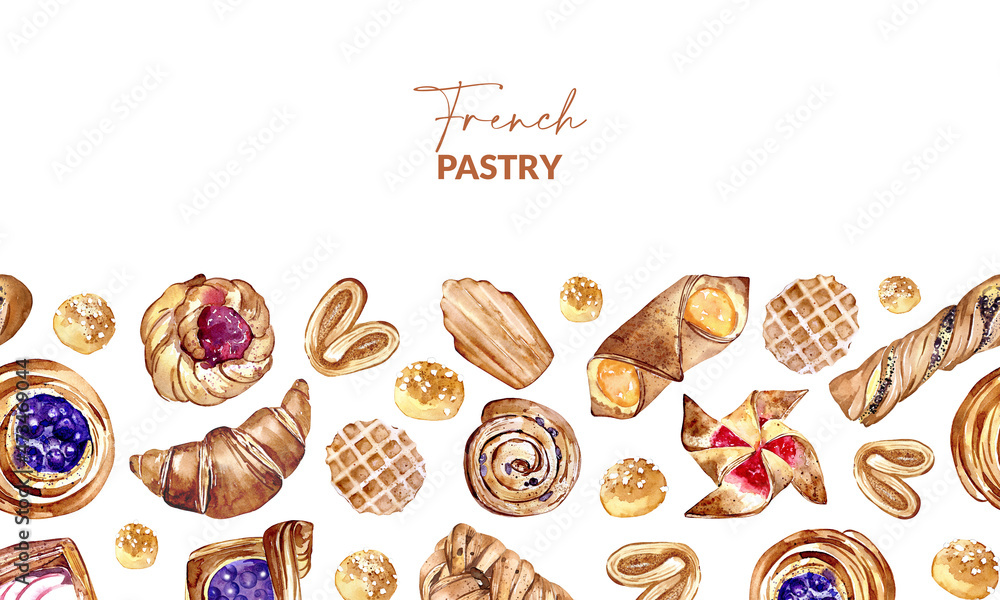 Template with watercolor sweet pastry. Template with watercolor sweet pastry.