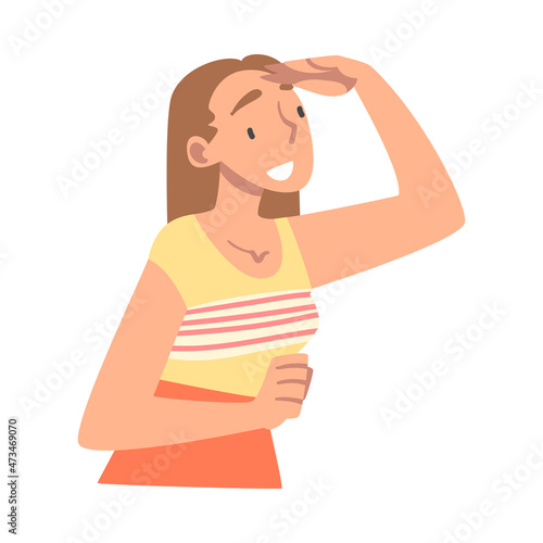 Looking Into Future Woman Character with Her Hand on Forehead Vector Illustration