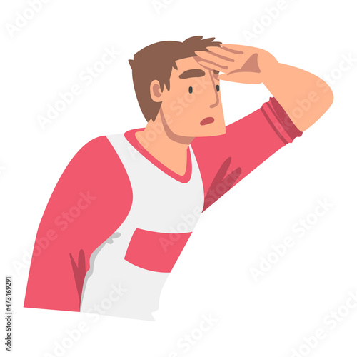 Looking Into Future Man Character with His Hand on Forehead Vector Illustration