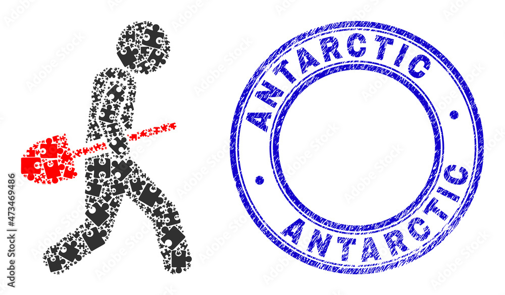 Puzzle shovel robber mosaic icon with Antarctic watermark. Blue vector round textured watermark with Antarctic caption. Abstract mosaic of shovel robber icon done of puzzle elements. Puzzle shovel robber mosaic icon with Antarctic watermark. Blue vector round textured watermark with Antarctic caption. Abstract mosaic of shovel robber icon done of puzzle elements.