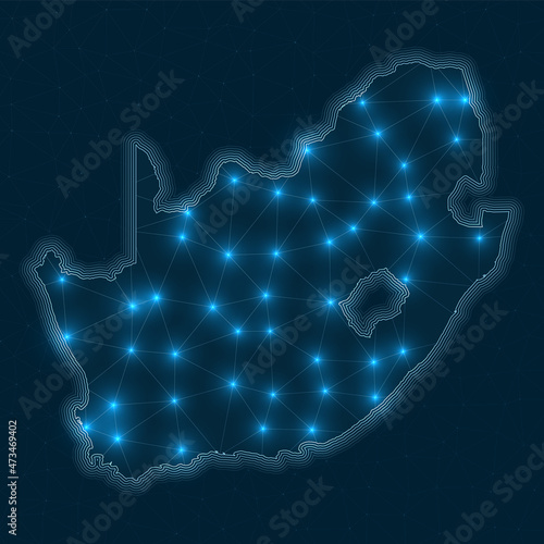 South Africa network map. Abstract geometric map of the country. Digital connections and telecommunication design. Glowing internet network. Artistic vector illustration.