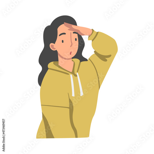 Looking Into Future Woman Character with Her Hand on Forehead Vector Illustration