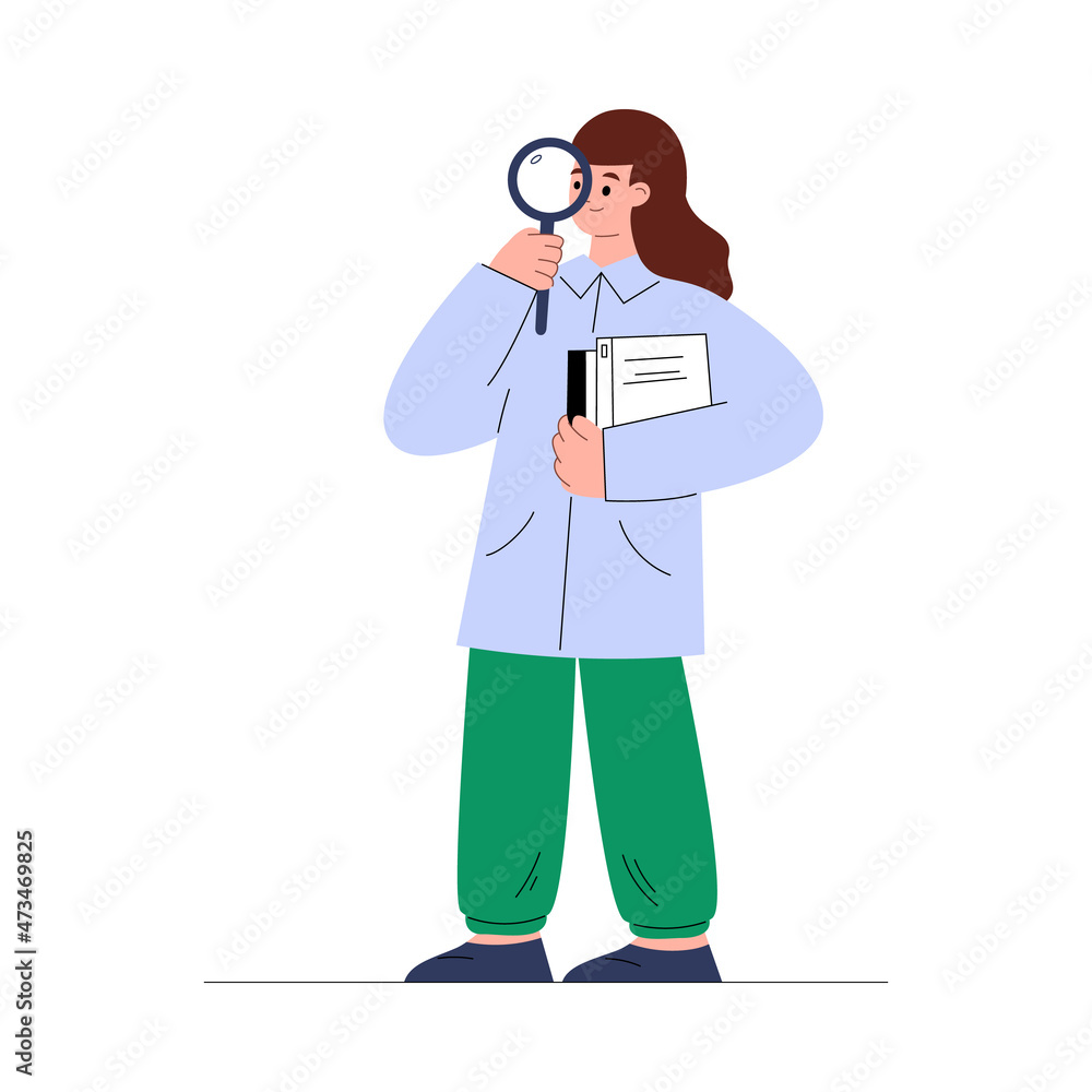 Researcher cartoon male character with magnifier in his hand in flat vector Researcher cartoon male character with magnifier in his hand in flat vector