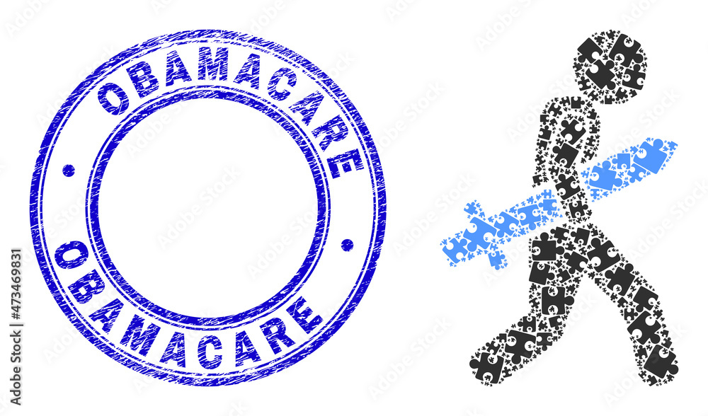 Puzzle sword gunman mosaic icon with Obamacare seal stamp. Blue vector rounded grunge seal stamp with Obamacare message. Abstract composition of sword gunman icon organized of puzzle elements. Puzzle sword gunman mosaic icon with Obamacare seal stamp. Blue vector rounded grunge seal stamp with Obamacare message. Abstract composition of sword gunman icon organized of puzzle elements.