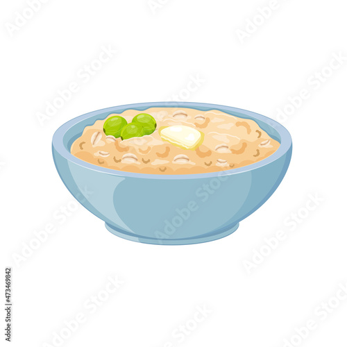 Oatmeal with gooseberries in blue plate. Vector illustration of healthy breakfast.