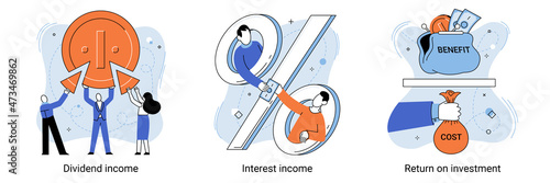 Dividend income and financial profitability. Return on investment chart, budget fund plan, revenue increase, accounting report, money bag income, pension saving account, business and finance set