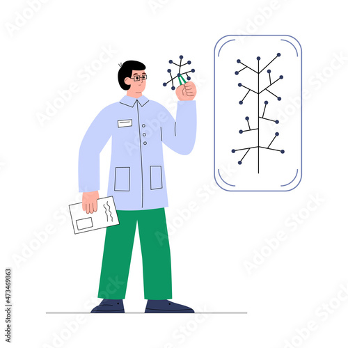 Biotechnology bioengineer studying DNA, flat vector illustration isolated.