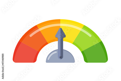 Colored scale with an arc-shaped arrow. Speedometer icon.