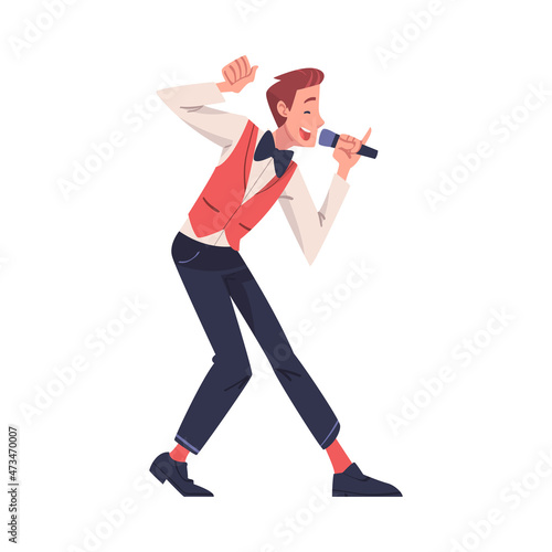 Lottery with Smiling Man Presenter with Microphone Announcing Winner Vector Illustration