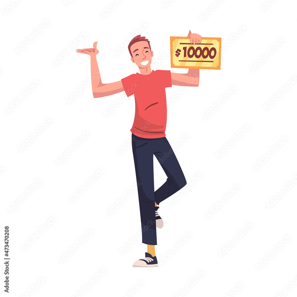 Happy Man Holding Cheque with Lump Sum as Lottery Gain Vector Illustration