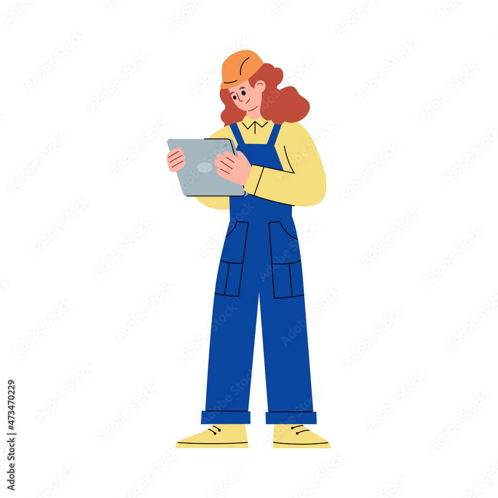 Smart factory worker with electronic device, flat vector illustration isolated. Smart factory worker with electronic device, flat vector illustration isolated.