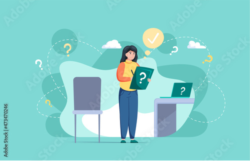 Young pensive woman making confusion looking at question mark. Worried girl thinking about life problem, doing difficult choice, deep in thought. Businesswoman doubts making an important decision