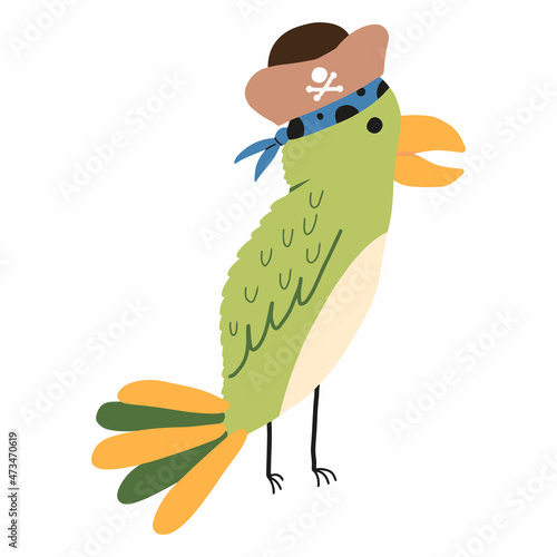 Childrens illustration of pirate parrot. Hand-drawn green parrot wearing pirate hat. Isolated on white background.
