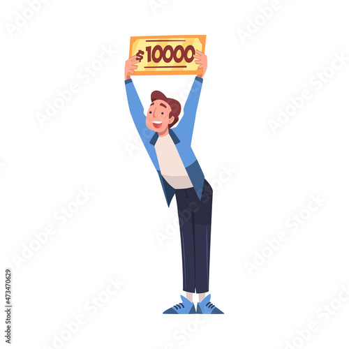 Happy Man Holding Cheque with Lump Sum as Lottery Gain Vector Illustration