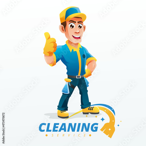 Cleaning Service With Yellow Blue Uniform Mascot Illustration