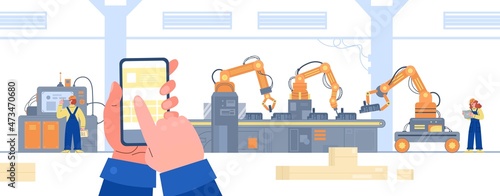 Smart factory control remotely from smartphone, automatic process in industry