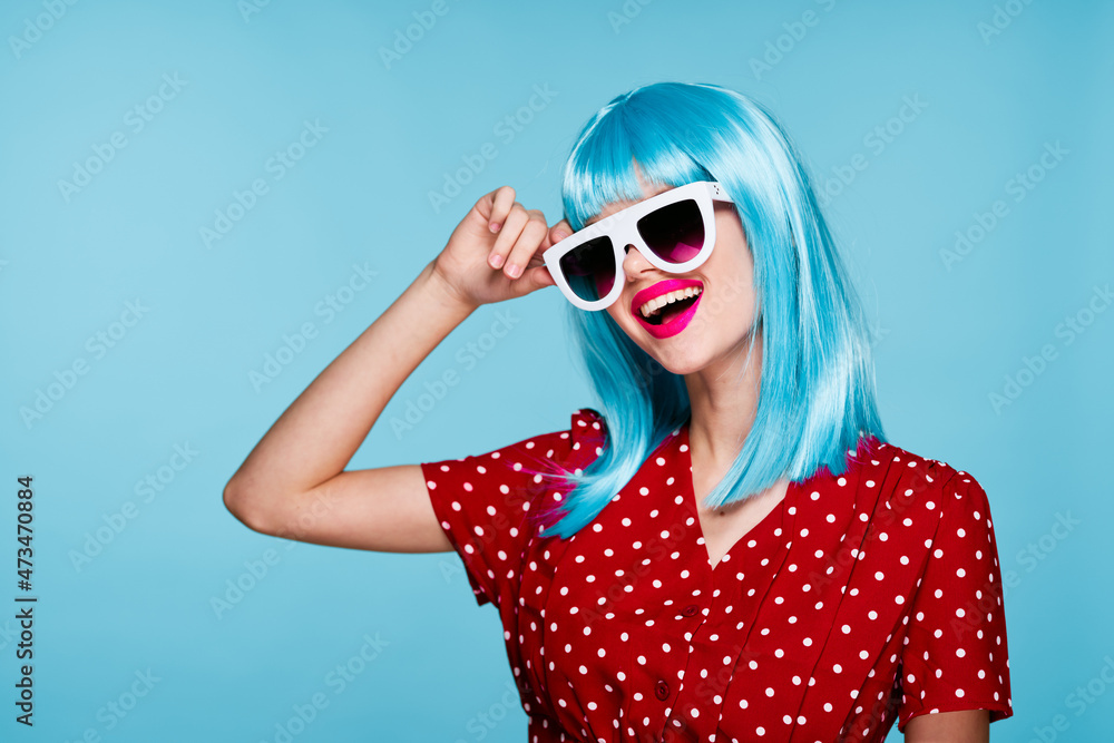 cheerful woman in blue wig sunglasses Glamor makeup cheerful woman in blue wig sunglasses Glamor makeup