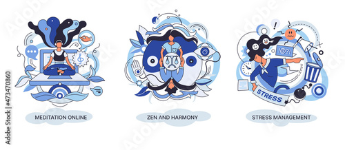 Self-management, self regulation learning, self-organization course, control over emotions concept Online yoga at home, cute girl meditating. Cartoon girl deals with stress management, zen and harmony