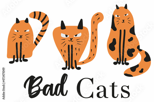 Childish illustration of bad cats. Hand-drawn illustration of ginger cats. Bad cats poster.