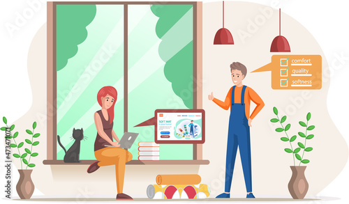 Concept of choosing fabric. Woman orders carpet in an online store with textile rolls, rugs or mats. Girl equips apartment, selects design for room, thinking about flooring. Floor mat delivery service