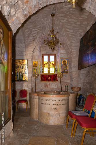 The interior of the Sandanai Monastery in Christian quarters in the old city of Jerusalem, Israel