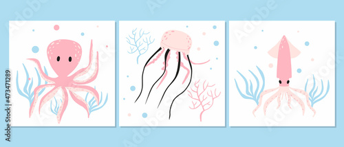 Vector set of baby posters with sea animals. Hand drawn squid, octopus and jellyfish poster set for nursery.