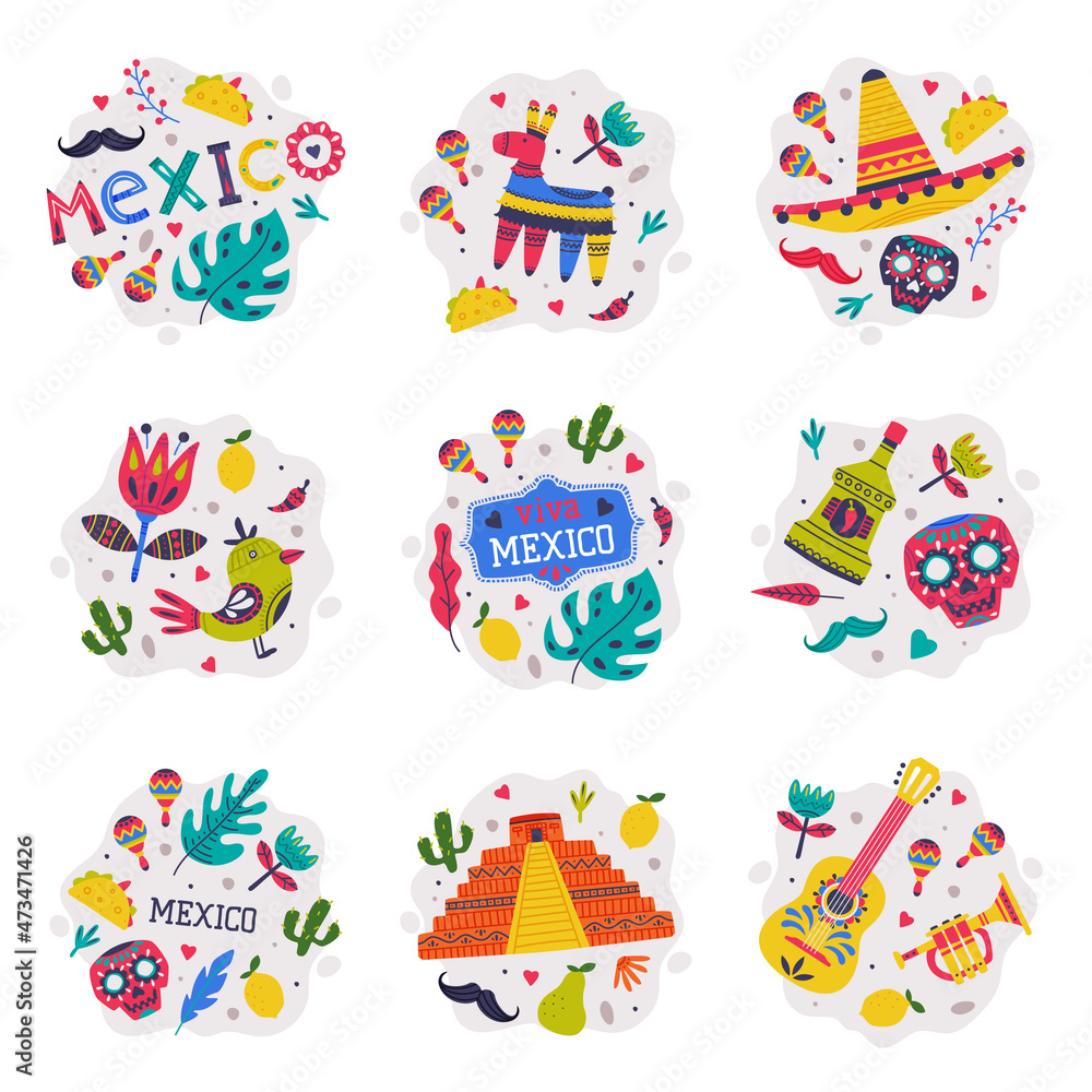 Bright Mexico Elements and Symbols Composition Vector Set