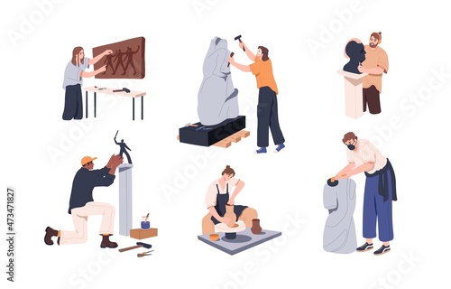 Sculptors making statues from stone set. Creators sculpting and creating sculptures with chisel and hammer. People with creative work and hobby. Flat vector illustration isolated on white background