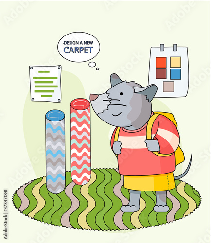 Design a new carpet. Cartoon character rat stands with backpack in childrens room with different rugs. Concept of choosing new carpet. Animal equips apartment, selects design for room and flooring