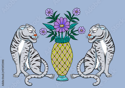 Art illustration of twin tigers with a pineapple ornamental flower vase. Modern Chinoiserie design, interior design. textile art, Lunar New year, emblem, and surface design template. 