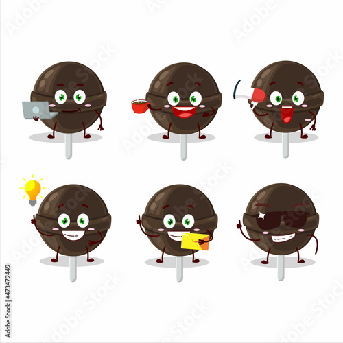 Sweet chocolate lolipop cartoon character with various types of business emoticons