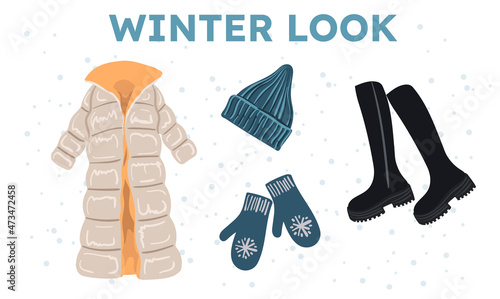set of fashionable winter clothes, isolated on white background. Trend illustration, modern women look. long jacket down jacket oversize, high boots with thick soles, knitted hat, mittens