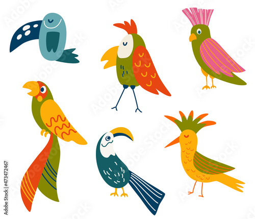 Parrots set. cute cartoon different tropical birds. Bright summer collection with animal characters. Hand draw Vector illustration © PawLoveArt