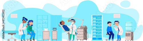 Otolaryngologist doctor with nose, ear and throat or ENT diagnostic and treatment instruments. Otology doctor with patient. Otorhinolaryngology healthcare medicine or otolaryngology diseases