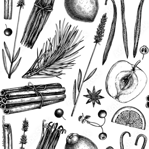 Aromatic ingredients seamless pattern. Vector background with hand-sketched materials for candles, soap, cosmetics, perfumery. Organic and botanical elements backdrop.
