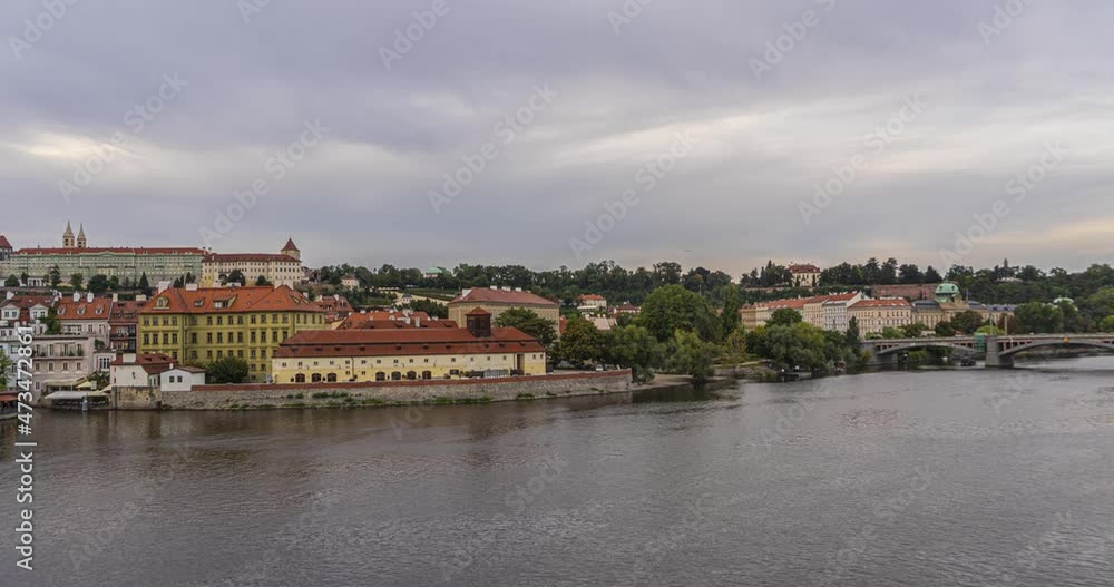 time lapse view on ferries on vltava river and Prague Castle, Pražský hrad time lapse view on ferries on vltava river and Prague Castle, Pražský hrad