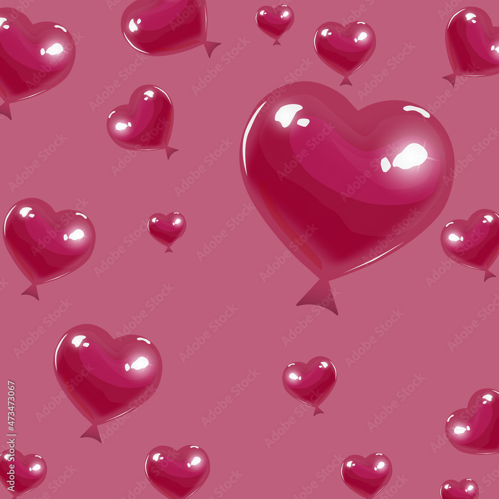 Holiday card for Valentine's Day. Chaotically flying pink balloons in the shape of hearts on pink. Vector illustration