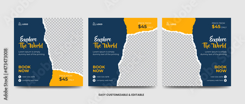 Travel and vacation square social media banner post set with brushstroke. Travel agency ads banner. Modern travel social media