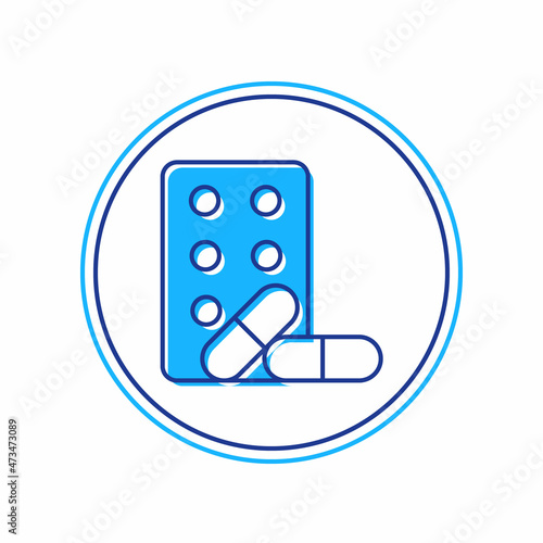Filled outline Sports doping, anabolic drugs with dumbbell icon isolated on white background. Anabolic steroids tablet. Pills in jar. Vector
