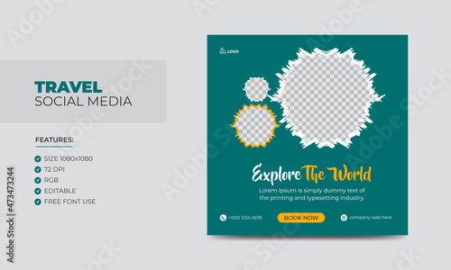 Travel and vacation square social media banner post template with brushstroke. Travel agency ads banner. Modern travel social media