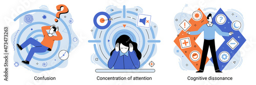 Attention concentration, cognitive dissonance, confusion color icon. Concept of concentration exercise, productive goal setting, mind focus and mindfulness. Mental state abstract concept vector
