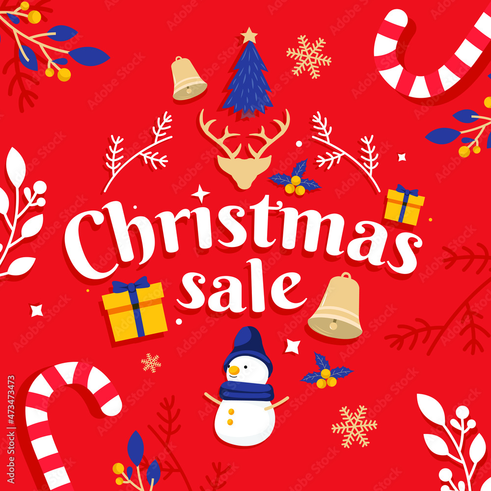 Illustration of a christmas sale concept with bold colors and various Christmas elements Illustration of a christmas sale concept with bold colors and various Christmas elements