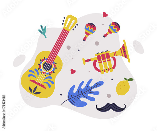 Bright Mexico Object with Guitar, Trumpet and Maraca Element Vector Composition