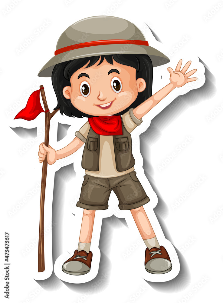Safari girl waving hand cartoon character sticker Safari girl waving hand cartoon character sticker