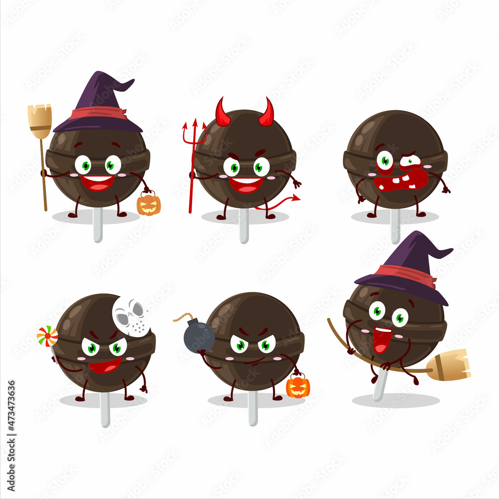 Halloween expression emoticons with cartoon character of sweet chocolate lolipop