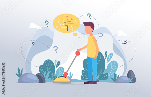 Making confusion, choice decision. Man thought about solution to problem, toggles switch handle. Doubt and struggle about strategy, path direction with question marks. Search for right answer