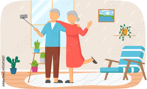 Elderly man and woman take selfie on smartphone on monopod at home. Retired couple posing for photo on phone. Old people use technology, gadget for self portrait photo. Seniors deal with technologies