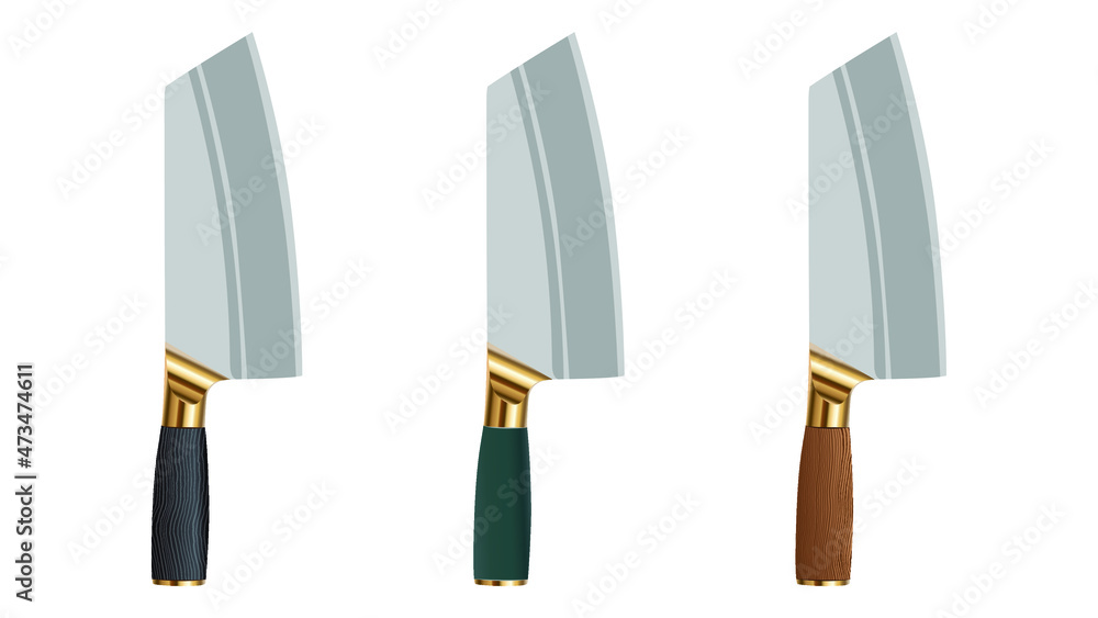 set of three Large sharp cleaver knife with wooden handle isolated on white background set of three Large sharp cleaver knife with wooden handle isolated on white background