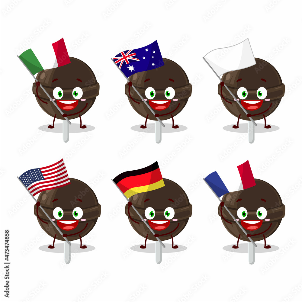 sweet chocolate lolipop cartoon character bring the flags of various countries