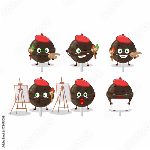 Artistic Artist of sweet chocolate lolipop cartoon character painting with a brush